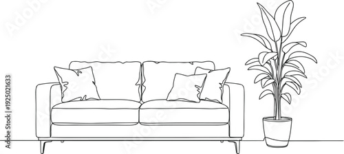 Minimalist line drawing of a modern sofa and potted plant