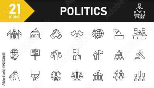 Government and Politics line icon set. Set of 21 outline icons related to law, justice, voting, politics, government, policy and others. Editable stroke. Vector illustration.