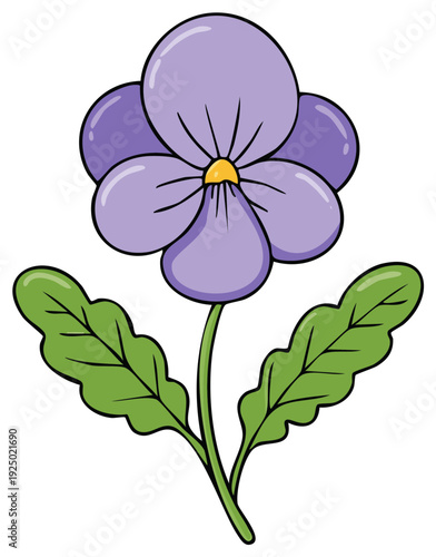 Cartoon drawing of a purple pansy flower with green leaves and a stem.
