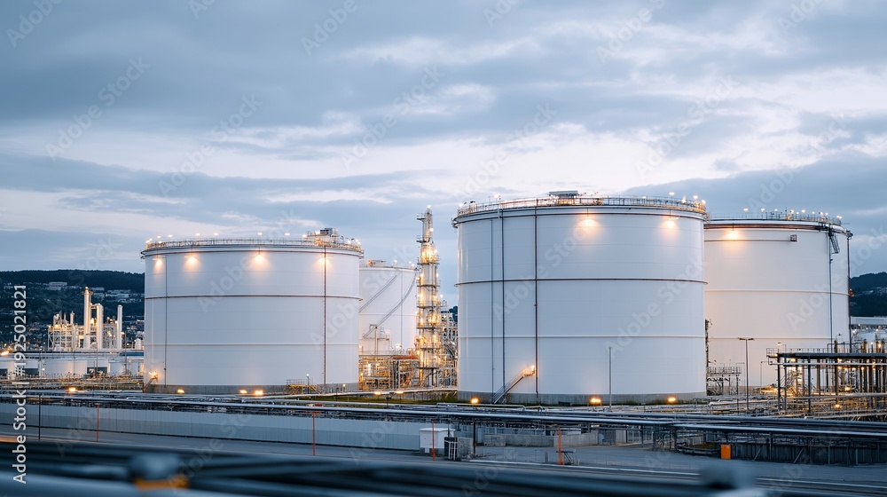 Obraz premium Chemical factory with large storage tanks, pipes, and industrial infrastructure at dusk, ideal for chemical industry, industrial production, factory complex, manufacturing facility, energy sector,