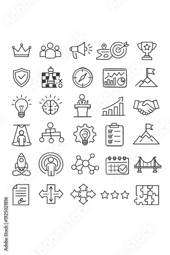 Collection of simple black line icons representing business and technology concepts on a white background viewed from directly above
