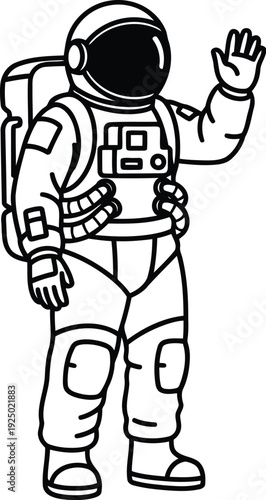 Astronaut in a spacesuit waving hello on a white background