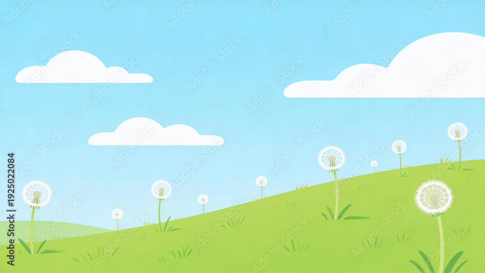 Fototapeta premium Illustration of a green hillside dotted with dandelions under a bright blue sky with white clouds. Depicts a serene, pastoral outdoor landscape ideal for nature-themed designs.