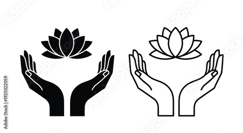Two pairs of cupped hands offering lotus flowers in black and white