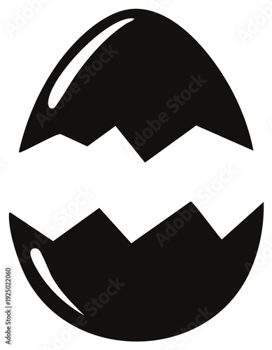 Cracked egg shell symbol. Simple vector silhouette of eggshell with jagged edges. Black on white Easter season icon.