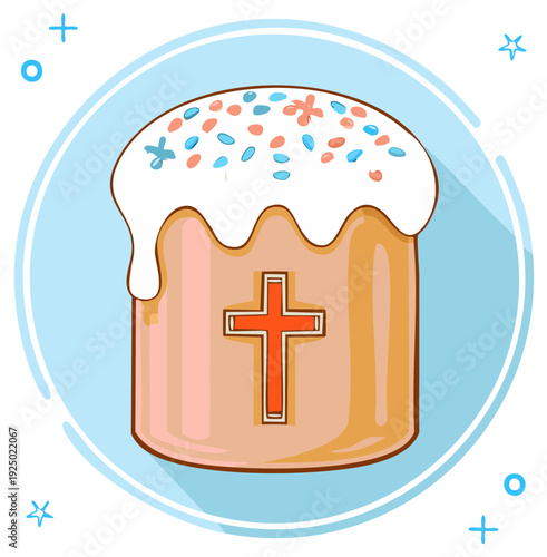 Festive Easter Kulich Cake with White Icing, Colorful Sprinkles, and Christian Cross