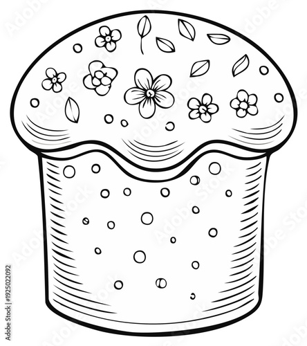 Artistic Outline of Decorated Easter Cake with Floral and Leaf Motifs