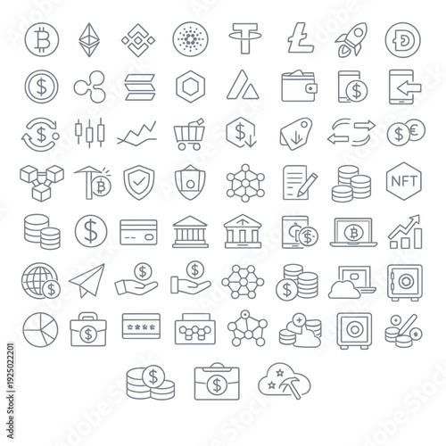 A collection of financial and technology icons displayed in a grid layout on a clean white background, viewed from directly above.