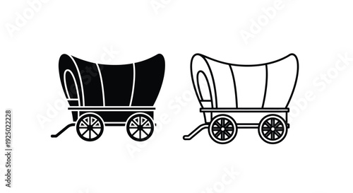 Two covered wagons in black and white side by side