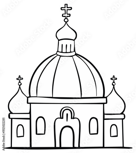 Cartoon line art illustration of an Eastern Orthodox church building with onion domes.