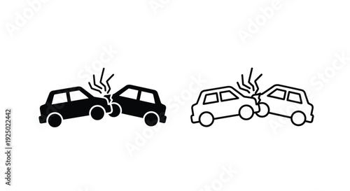 Two black silhouettes depicting car crashes with smoke and damage