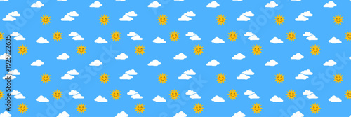 Seamless pattern with cute smiling sun and white clouds on blue sky background, flat vector cartoon illustration ideal for nursery decor, kids textile, wrapping paper, and weather themed design