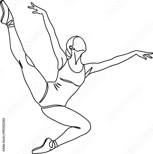 Elegant ballet dancer in mid leap with extended leg pose