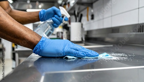 Close up of chef wearing blue nitrile gloves meticulously cleaning and sanitizing stainless kitchen surfaces with a spray bottle