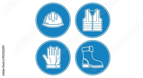 Mandatory personal protective equipment signs vector graphic illustration set showing hard hat vest gloves and safety boot requirement icons