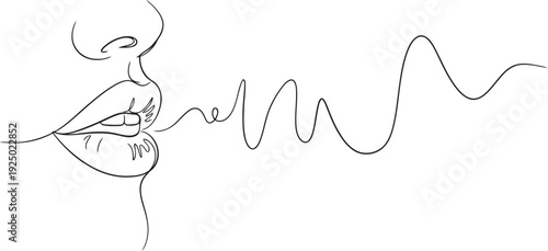 Minimalist line art of lips speaking sound waves and a word