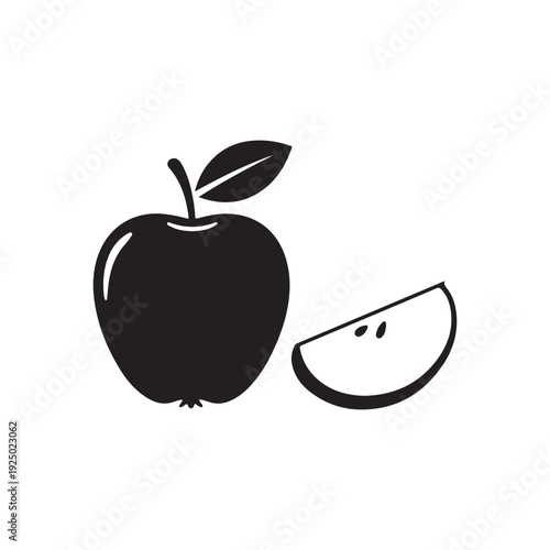 Black silhouette of whole apple with leaf and slice of lemon on white background  simple fruit illustration