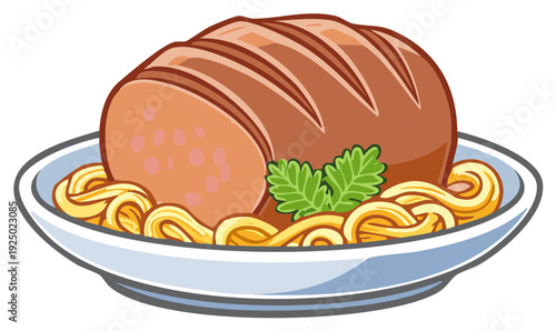 Cooked meat loaf slices served on pasta with fresh greens food illustration
