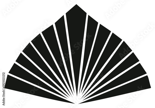 Abstract black fan shape with radiating lines and clean white background