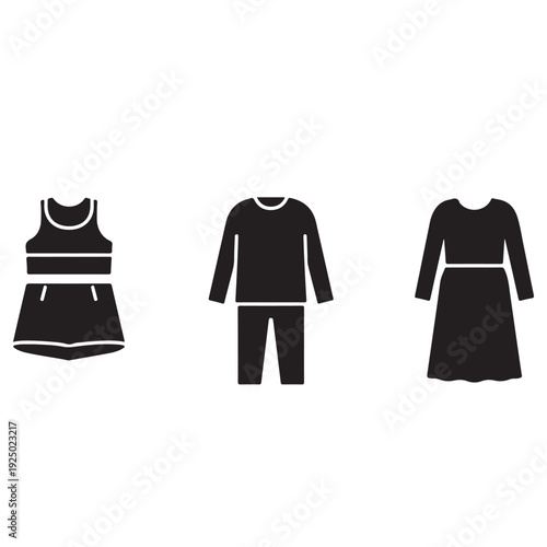 Black silhouettes of three different outfits including a dress and two piece clothing sets  isolated on white background