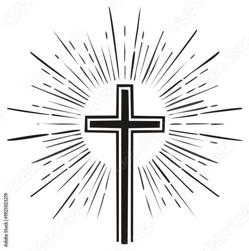 Christian Cross Symbol with Radiating Light Burst Graphic