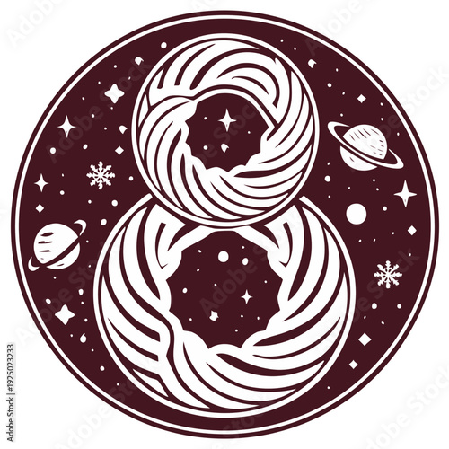 Abstract cosmic number eight symbol with planets and stars