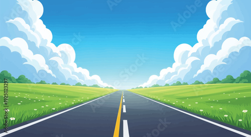 Open road vector illustration extending toward the distant horizon under a bright blue sky filled with large cartoon clouds and green fields