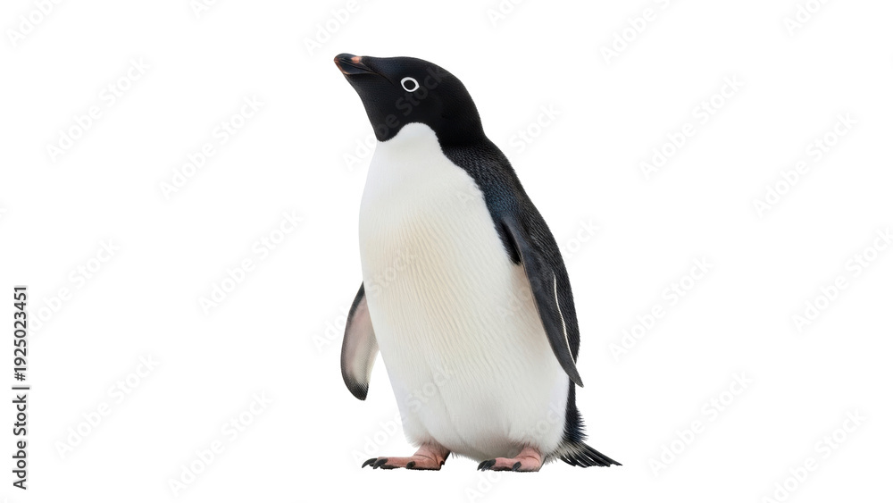 Obraz premium Isolated Adélie penguin stands upright looking left in studio shot against plain backdrop