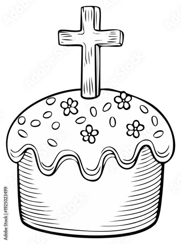 Easter cake with cross, decorated with flowers, black and white line art