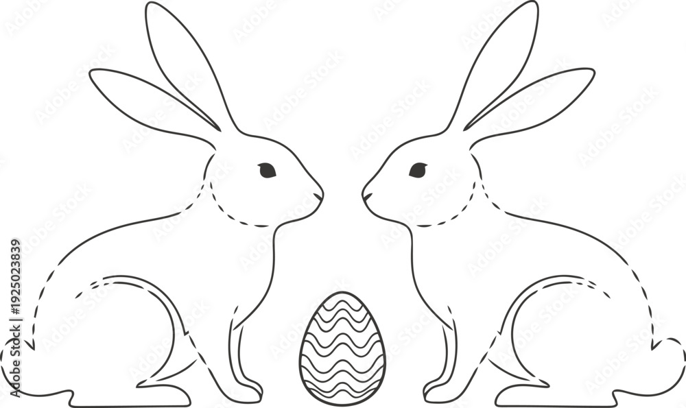 Obraz premium Two adorable sketched bunnies face each other near an easter egg