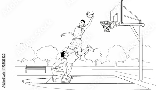 A dynamic illustration of a basketball player executing a powerful dunk on an outdoor court