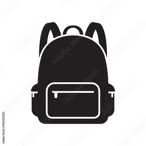 Black solid icon of backpack with two straps and front pocket isolated on white background  simple school bag  travel bag