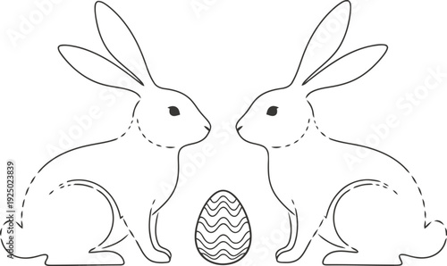 Two adorable sketched bunnies face each other near an easter egg