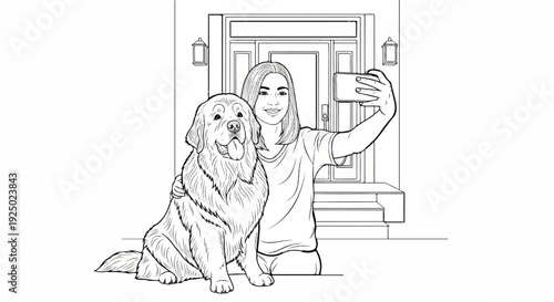 A girl with a large dog poses for a selfie in front of her house