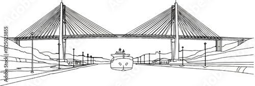 A large cable-stayed bridge spans a wide canal with a ship passing under