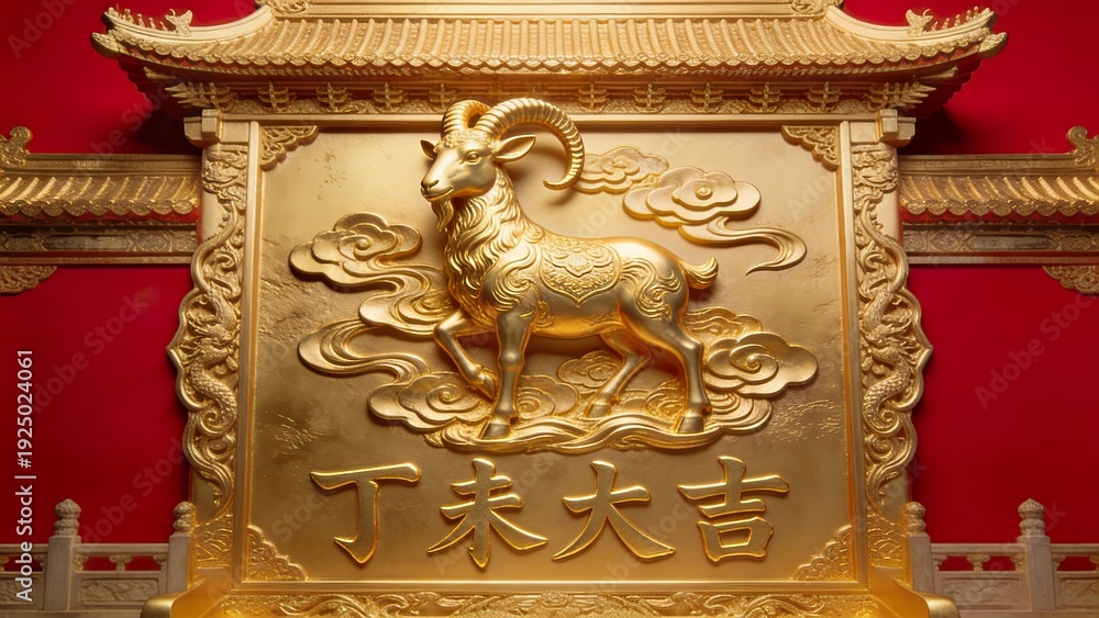 Fototapeta premium Imperial golden goat sculpture surrounded by auspicious clouds, text 