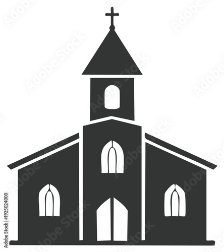 Simple Country Church Icon, Silhouette of Christian Religious Building with Cross and Windows