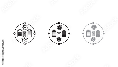 Minimal outline icon showing checklist documents, gear, circular workflow, and approval checkmark. Editable stroke vector illustration suitable for project management, productivity systems, business p