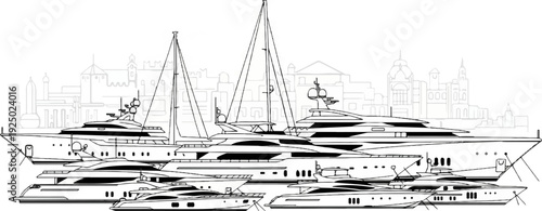 Array of luxurious yachts docked against a faint city skyline