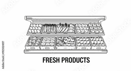 Black and white line drawing of a grocery store produce display filled with various fruits and vegetables