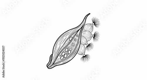 Black and white illustration of a seed pod with multiple seeds and feathery structures