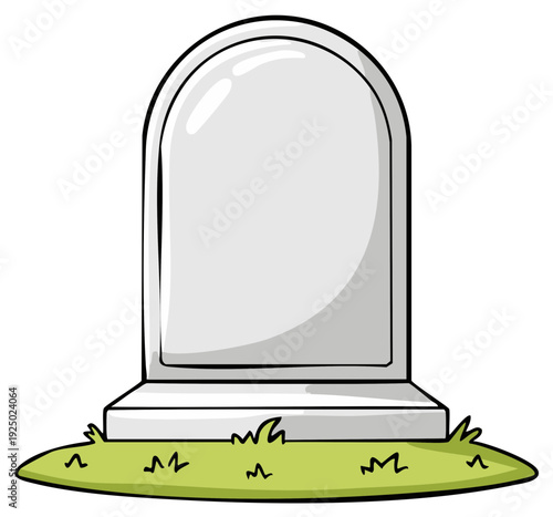 Blank tombstone with rounded top standing in grass and a white background