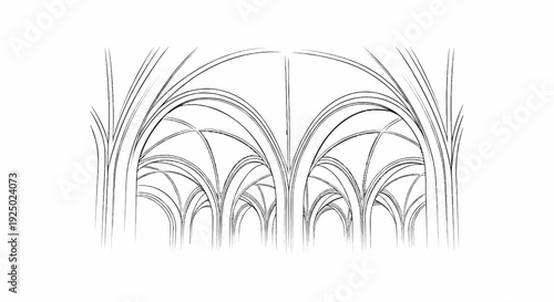 Black and white sketch of gothic archways creating a repeating pattern
