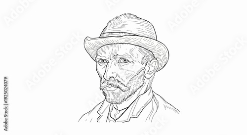 Black and white sketch of a man with a beard and hat