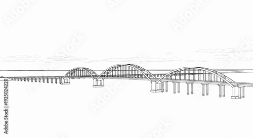 A drawing of a large bridge with multiple arched spans over a body of water