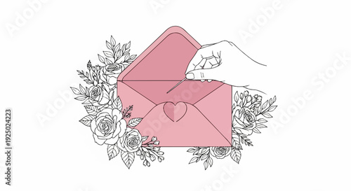 A hand seals a pink envelope adorned with a heart, surrounded by roses