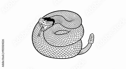 Detailed black and white drawing of a coiled snake with open mouth and rattling tail