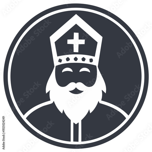 Illustration of a Bishop Figure with a Mitre and Beard in a Circle
