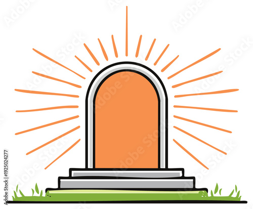 Cartoon gateway with emanating light, simple graphic illustration