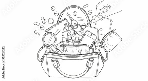 A handbag spilling its contents pills, makeup, phone, wallet, keys, and magnifier